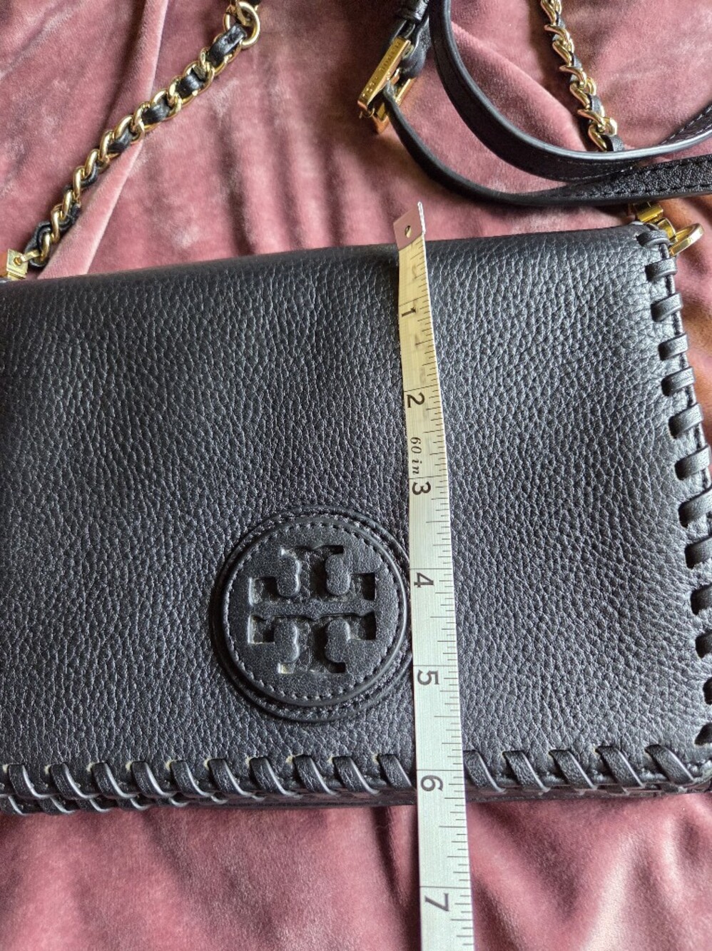 Tory Burch Marion Combo Crossbody Purse - Black Pebbled Leather Whipstitch - Picture 13 of 13